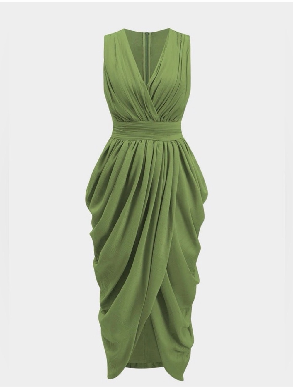 Olive Green Draped V-Neck Maxi Dress